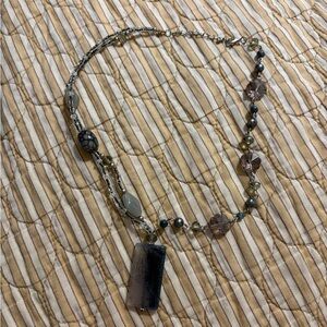 Elegant Silver and Black Pendant Multi-Strand Beaded Stone Necklace